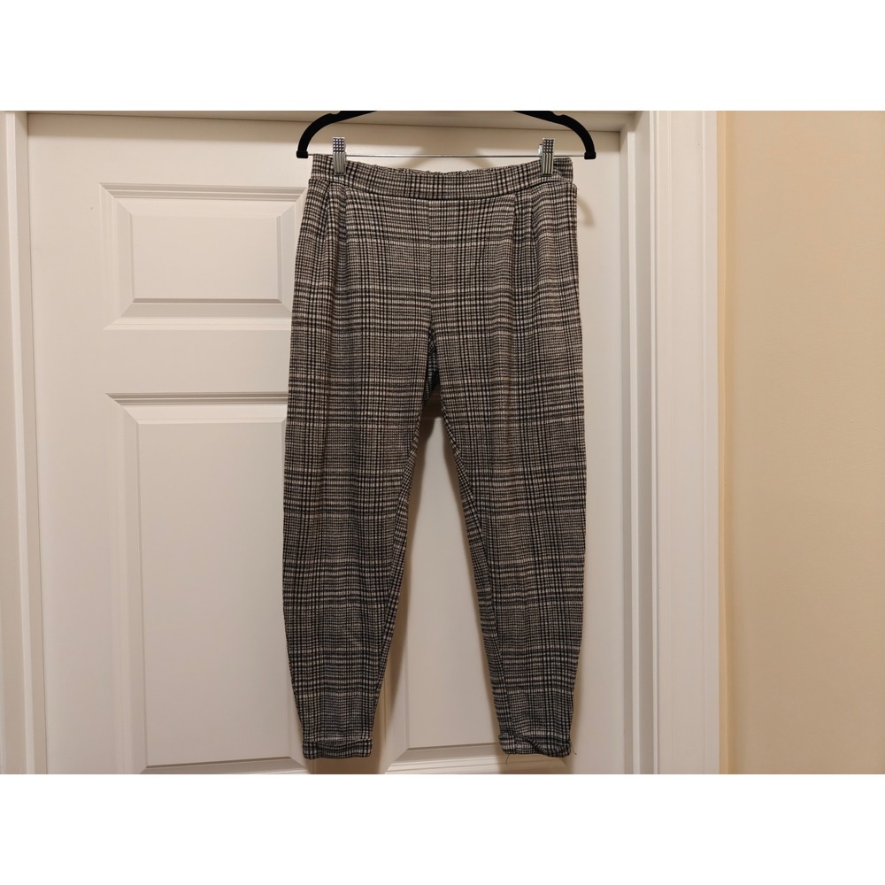 Elle Slim Fit Pull On Plaid Pants‎ Womens Small Grey Black Elastic Waist Tapered